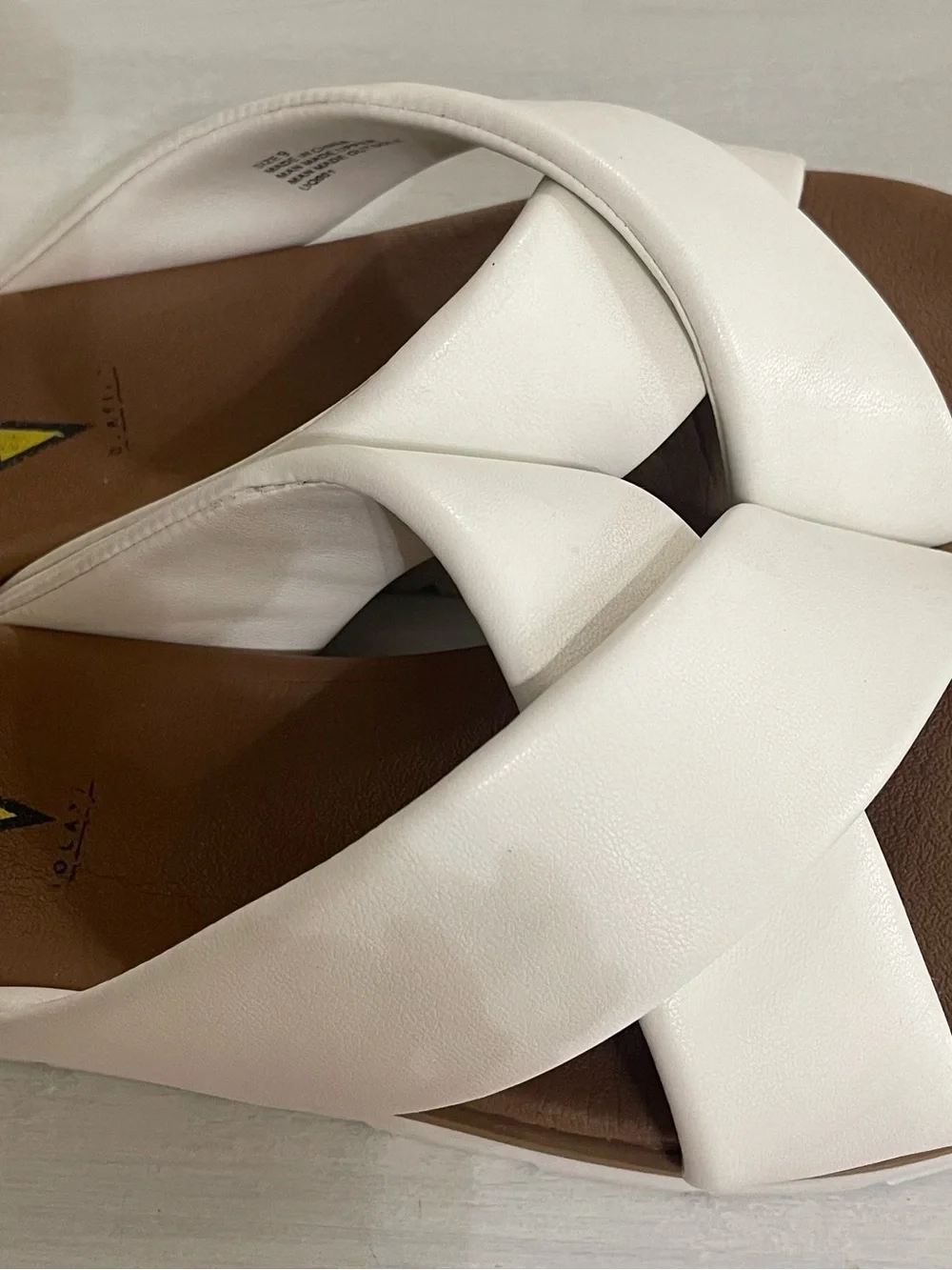 Volatile White Crossband Slide Sandals with Brown Footbed